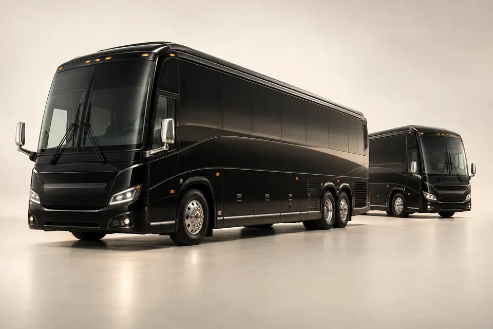 Original illustration of two black charter motorcoaches in an ivory studio