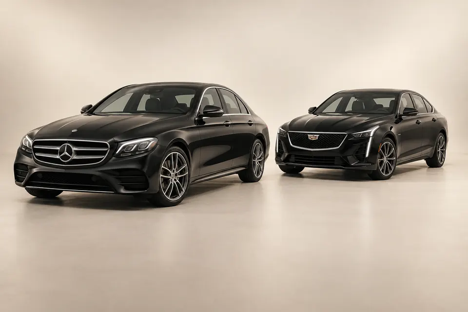 Original illustration of two black executive sedans in an ivory studio