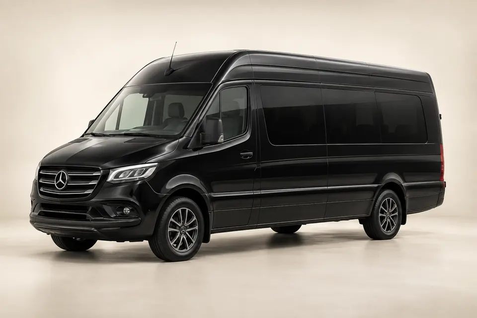 Original illustration of a black high-roof executive passenger Sprinter van