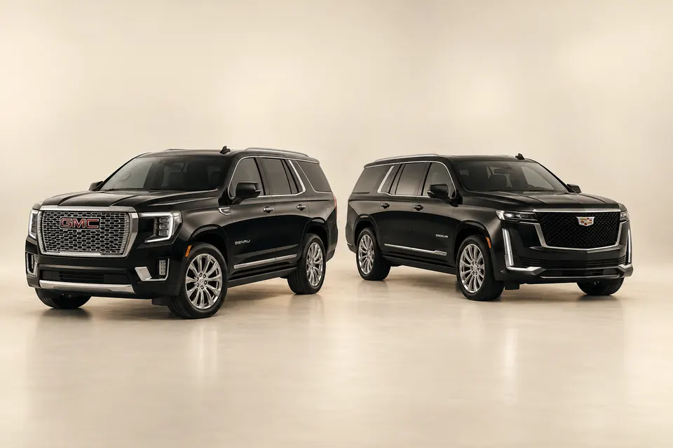 Original illustration of black GMC-style and Cadillac-style premium SUVs